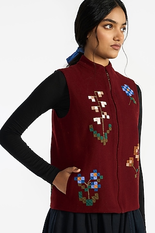 Wine Felt Wool Floral Embroidered Gilet by Payal Pratap