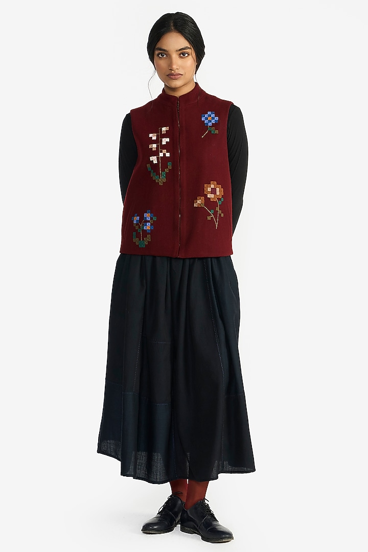 Wine Felt Wool Floral Embroidered Gilet by Payal Pratap at Pernia's Pop Up Shop