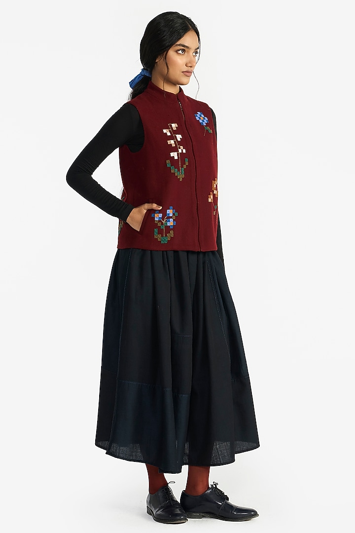 Wine Felt Wool Floral Embroidered Gilet by Payal Pratap at Pernia's Pop Up Shop