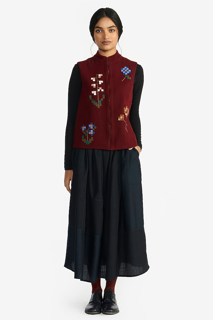 Wine Felt Wool Floral Embroidered Gilet by Payal Pratap at Pernia's Pop Up Shop