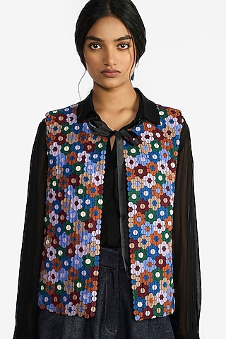 Black Felt Wool Embroidered Gilet by Payal Pratap