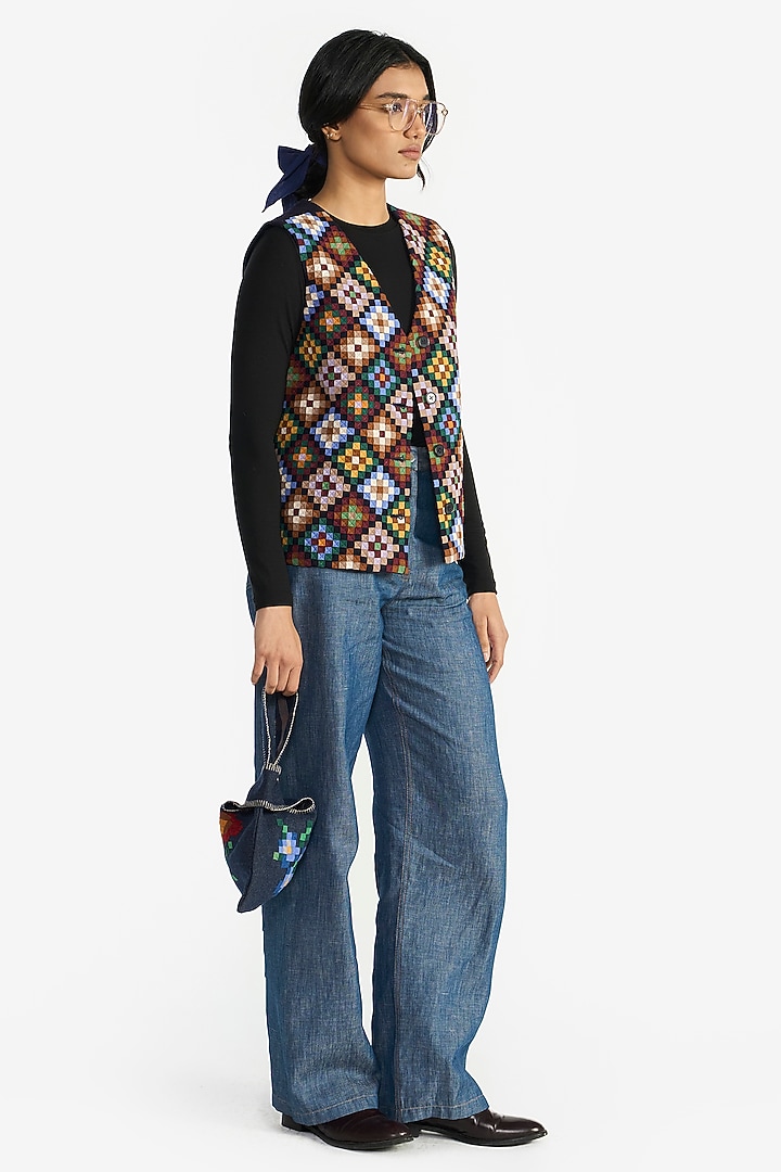 Navy Blue Felt Wool Applique Embroidered Gilet by Payal Pratap at Pernia's Pop Up Shop