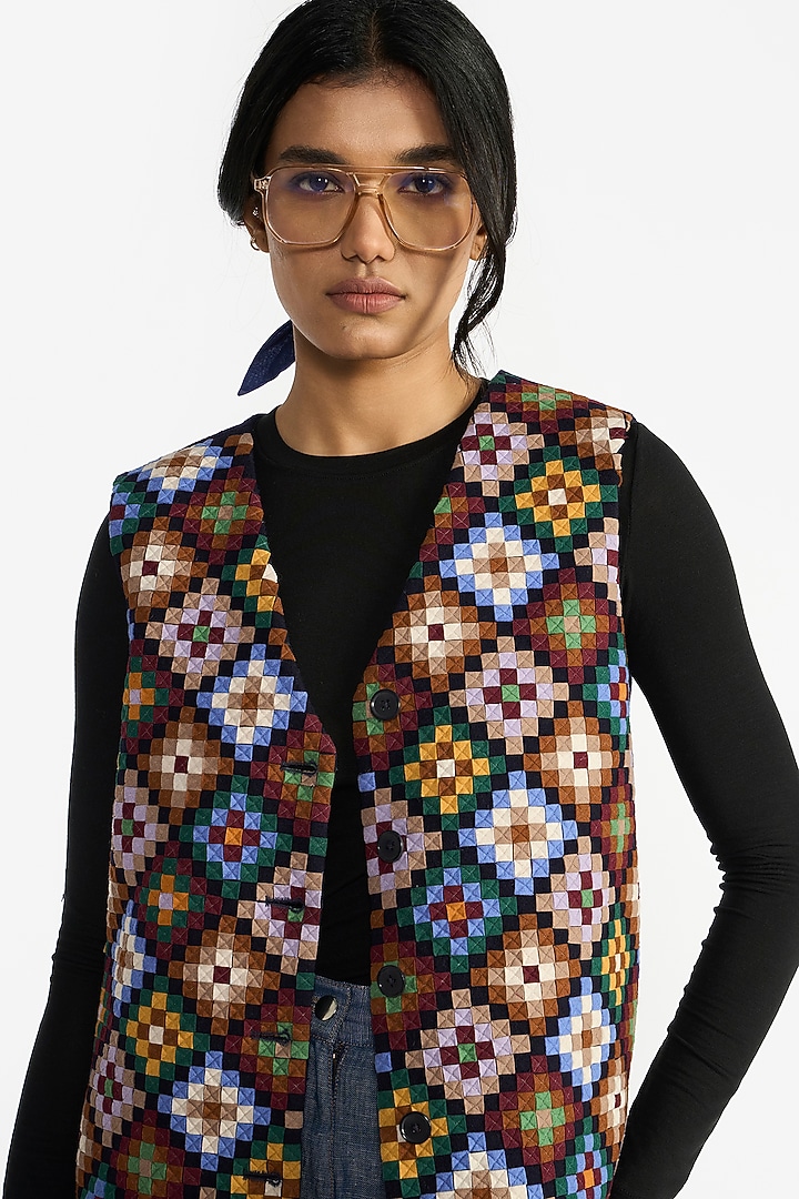 Navy Blue Felt Wool Applique Embroidered Gilet by Payal Pratap at Pernia's Pop Up Shop
