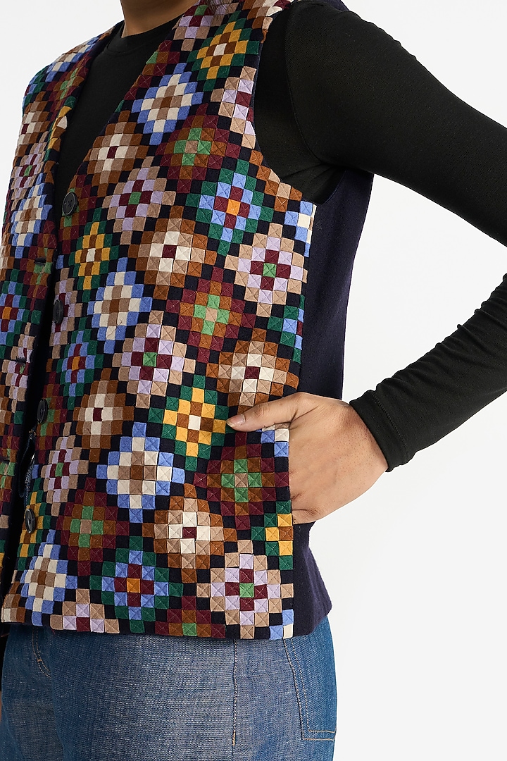 Navy Blue Felt Wool Applique Embroidered Gilet by Payal Pratap at Pernia's Pop Up Shop
