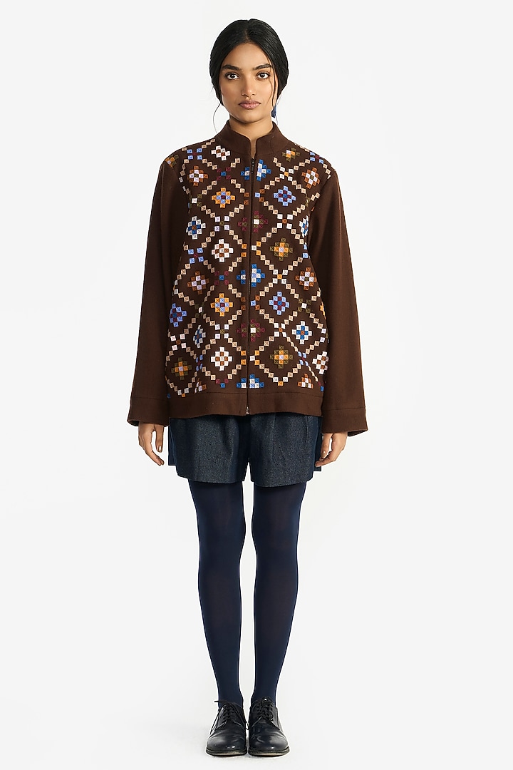 Brown Felt Wool Applique Embroidered Jacket by Payal Pratap at Pernia's Pop Up Shop