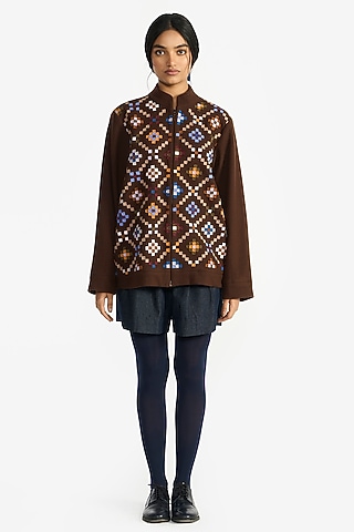Brown Felt Wool Applique Embroidered Jacket by Payal Pratap