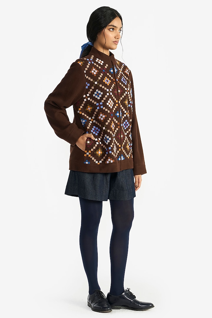 Brown Felt Wool Applique Embroidered Jacket by Payal Pratap at Pernia's Pop Up Shop