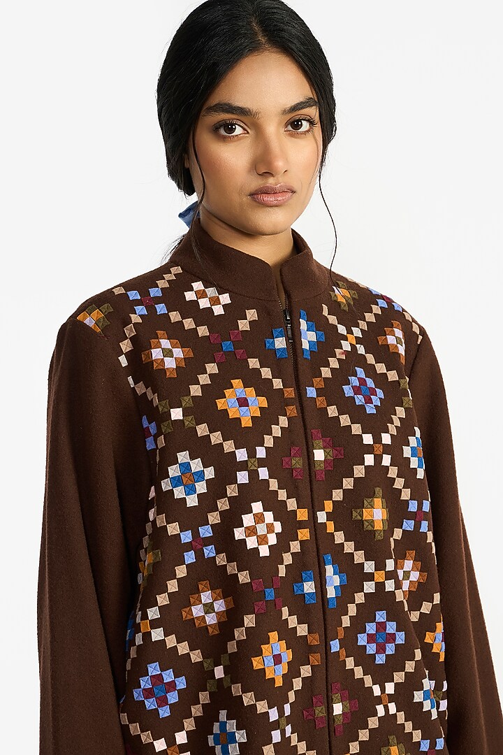 Brown Felt Wool Applique Embroidered Jacket by Payal Pratap at Pernia's Pop Up Shop