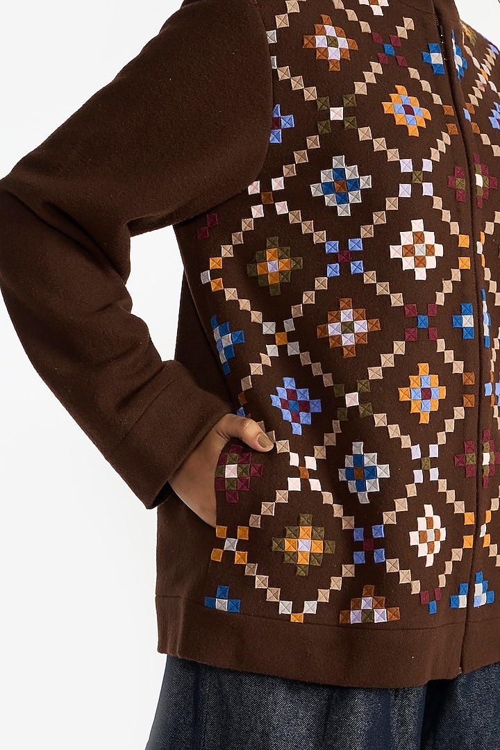 Brown Felt Wool Applique Embroidered Jacket by Payal Pratap at Pernia's Pop Up Shop