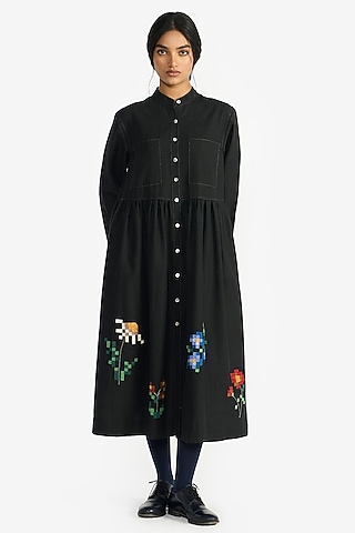 Black Handloom Wool Applique Embroidered Midi Dress by Payal Pratap