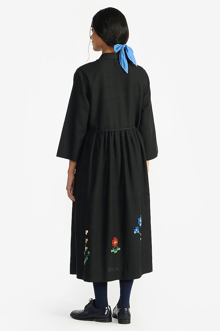 Black Handloom Wool Applique Embroidered Midi Cocktail Dress by Payal Pratap at Pernia's Pop Up Shop