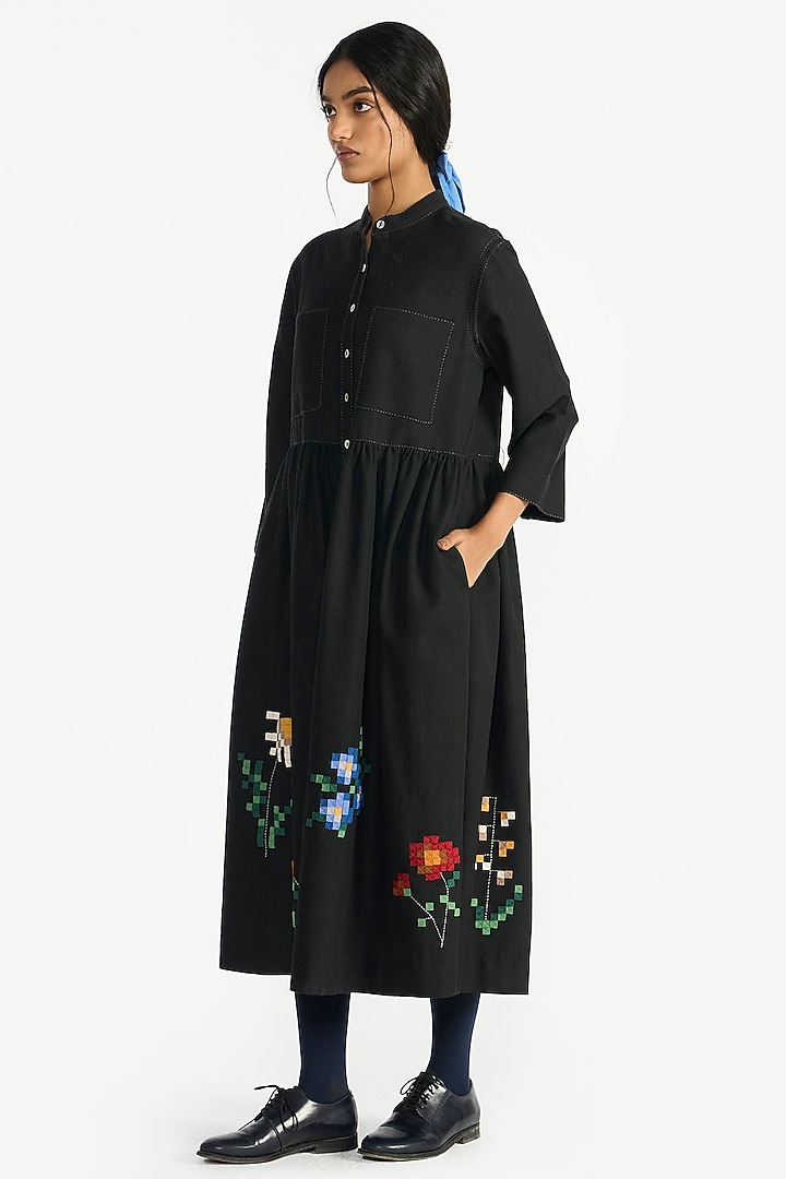 Black Handloom Wool Applique Embroidered Midi Cocktail Dress by Payal Pratap at Pernia's Pop Up Shop