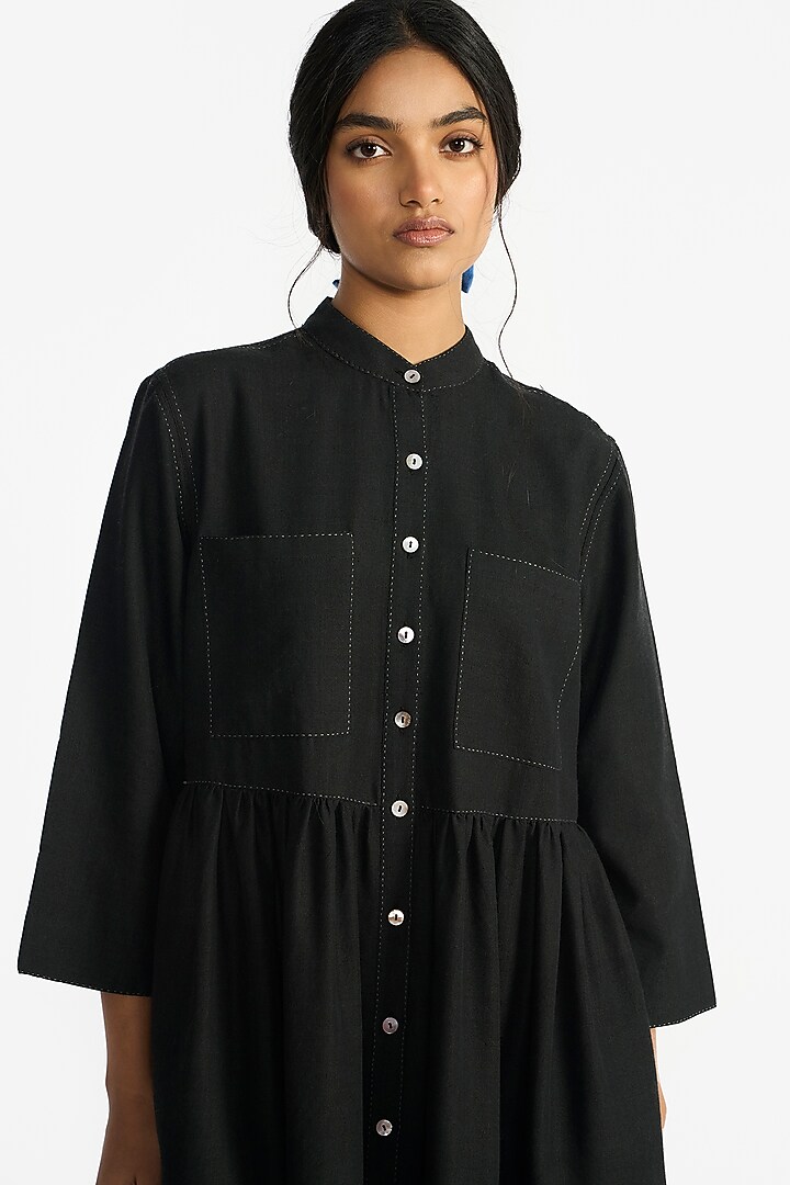 Black Handloom Wool Applique Embroidered Midi Cocktail Dress by Payal Pratap at Pernia's Pop Up Shop