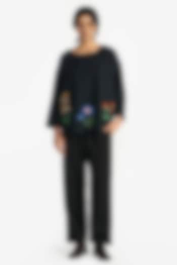 Navy Blue Handloom Wool Applique Embroidered Top by Payal Pratap at Pernia's Pop Up Shop