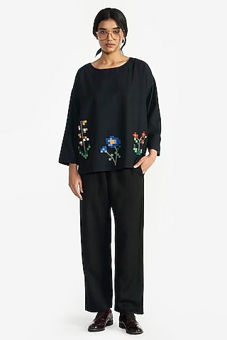 Navy Blue Handloom Wool Applique Embroidered Top by Payal Pratap