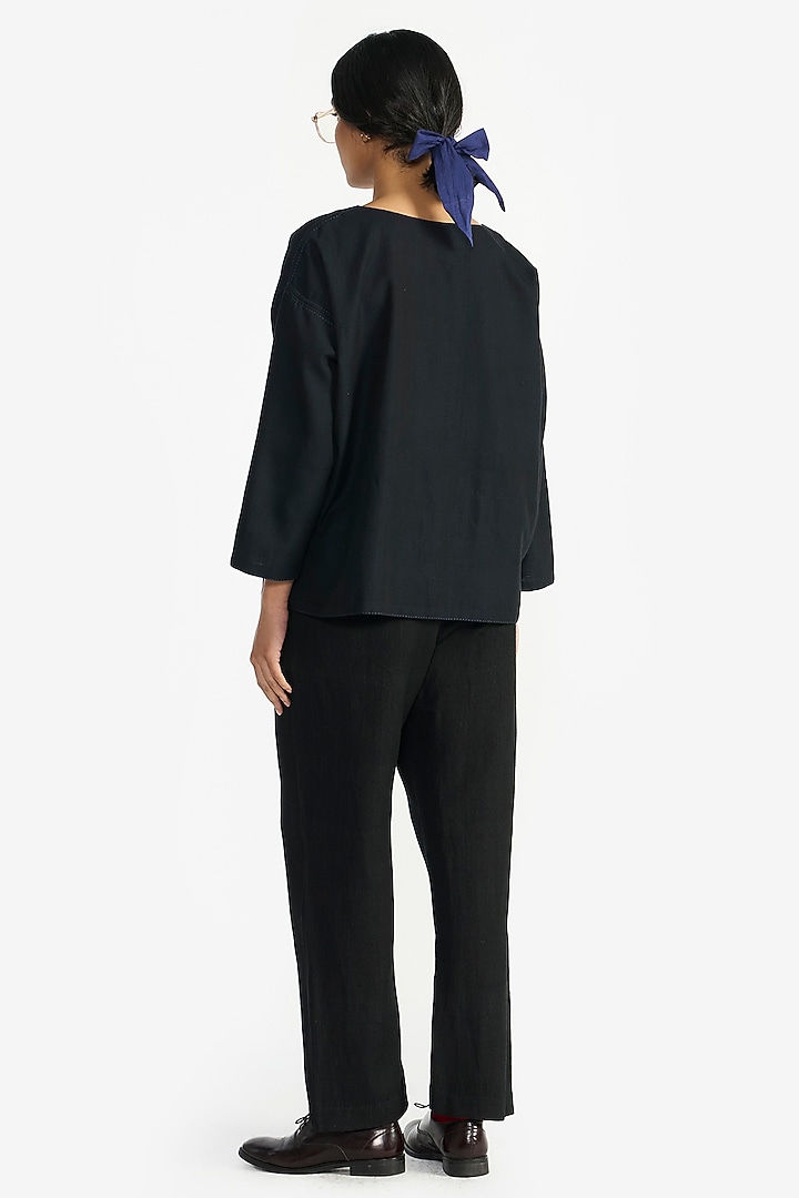 Navy Blue Handloom Wool Applique Embroidered Top by Payal Pratap at Pernia's Pop Up Shop