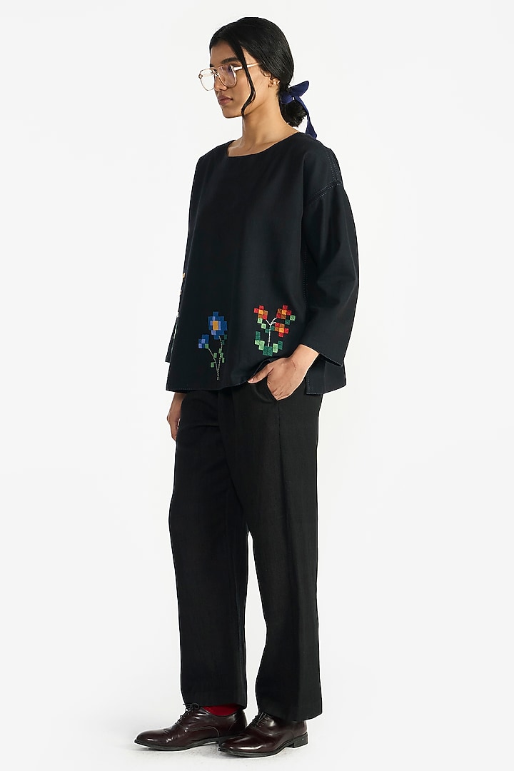 Navy Blue Handloom Wool Applique Embroidered Top by Payal Pratap at Pernia's Pop Up Shop