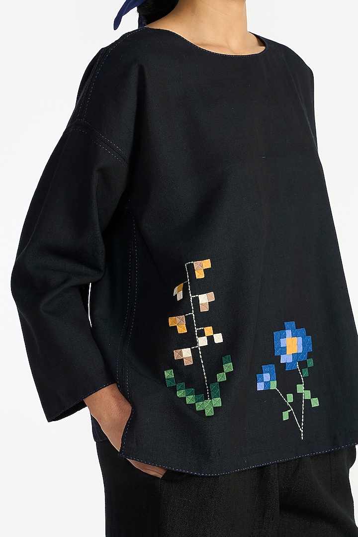 Navy Blue Handloom Wool Applique Embroidered Top by Payal Pratap at Pernia's Pop Up Shop
