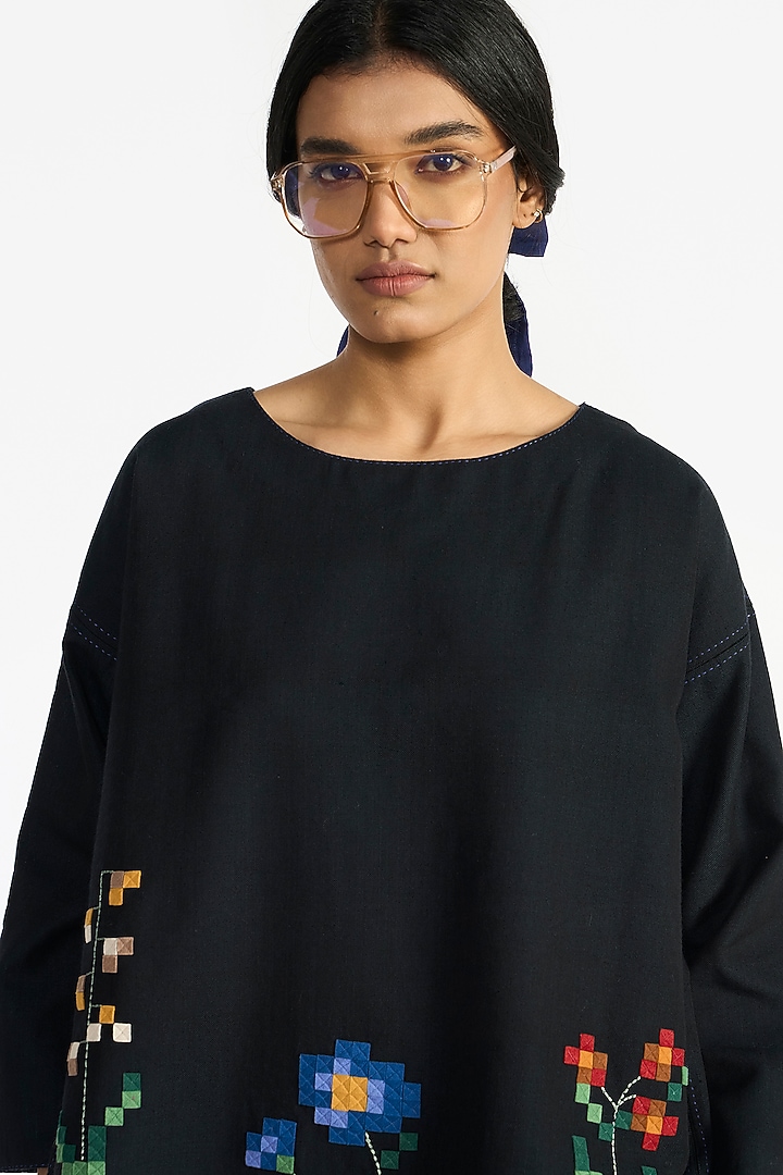 Navy Blue Handloom Wool Applique Embroidered Top by Payal Pratap at Pernia's Pop Up Shop