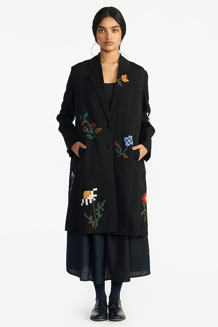 Navy Blue Handloom Linen Applique Embroidered Jacket by Payal Pratap at Pernia's Pop Up Shop