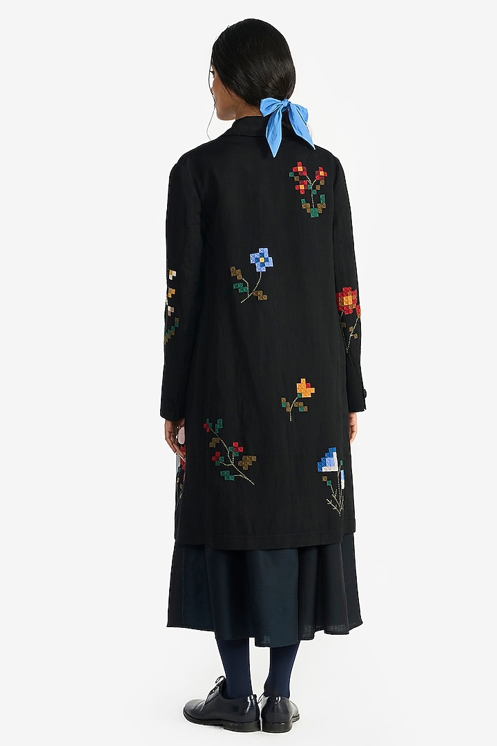 Navy Blue Handloom Linen Applique Embroidered Jacket by Payal Pratap at Pernia's Pop Up Shop