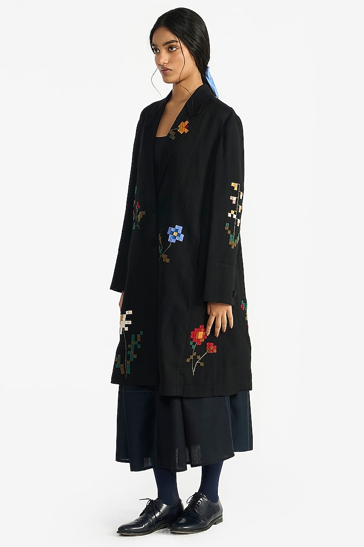 Navy Blue Handloom Linen Applique Embroidered Jacket by Payal Pratap at Pernia's Pop Up Shop