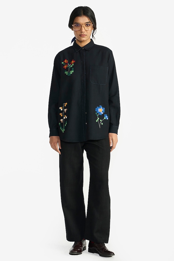 Navy Blue Handloom Wool Shirt by Payal Pratap at Pernia's Pop Up Shop
