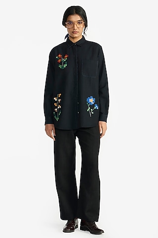 Navy Blue Handloom Wool Shirt by Payal Pratap