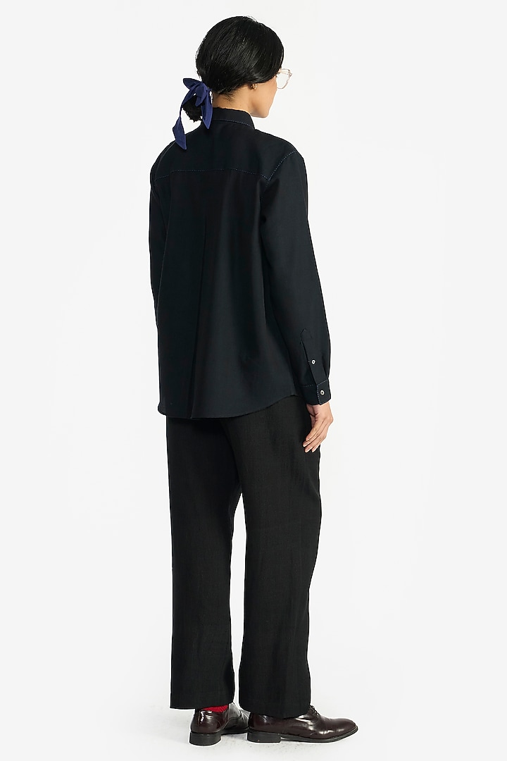Navy Blue Handloom Wool Shirt by Payal Pratap at Pernia's Pop Up Shop