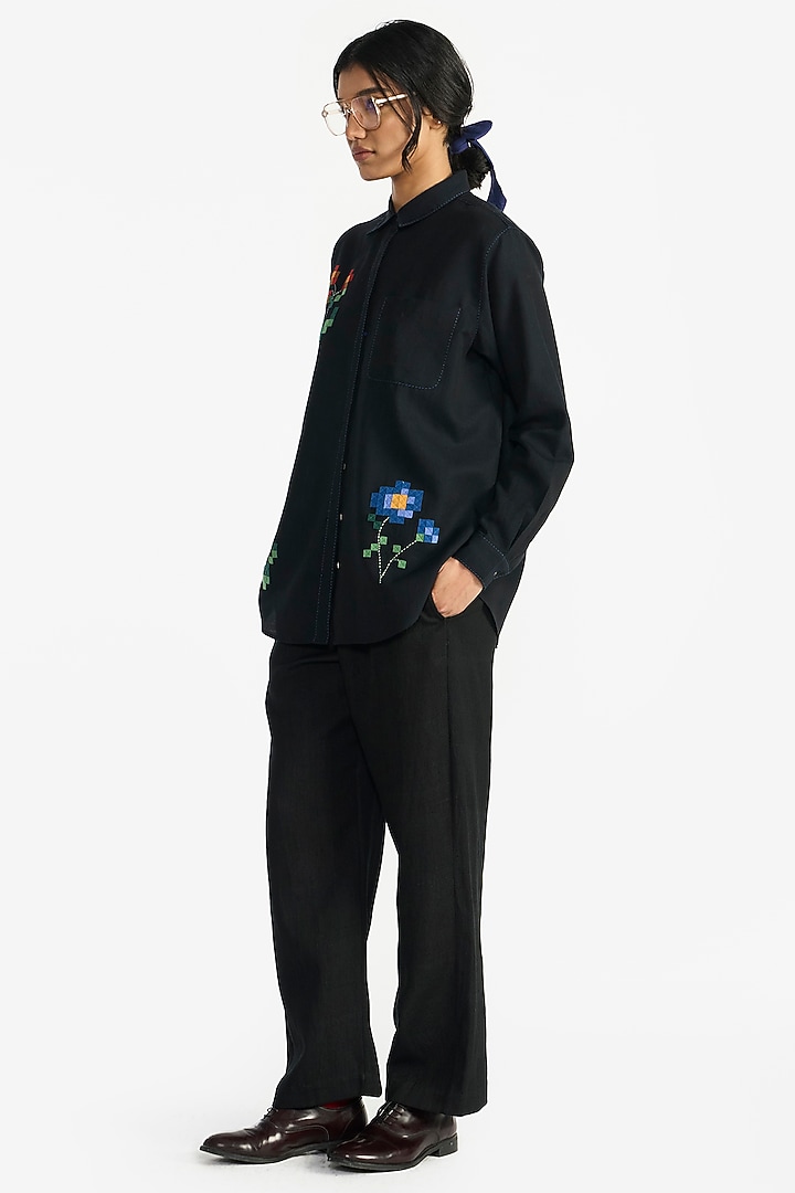 Navy Blue Handloom Wool Shirt by Payal Pratap at Pernia's Pop Up Shop