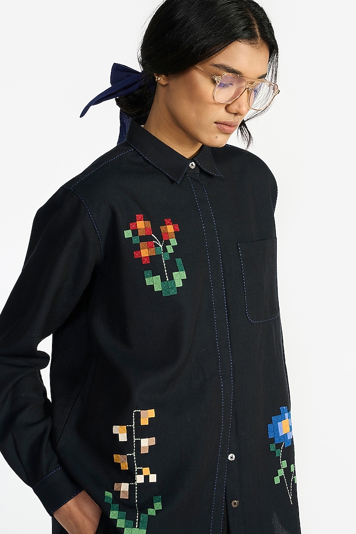 Navy Blue Handloom Wool Shirt by Payal Pratap at Pernia's Pop Up Shop