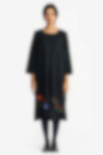 Black Handloom Wool Applique Embroidered Midi Vacation Dress by Payal Pratap at Pernia's Pop Up Shop