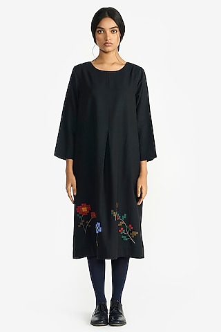 Black Handloom Wool Applique Embroidered Midi Dress by Payal Pratap