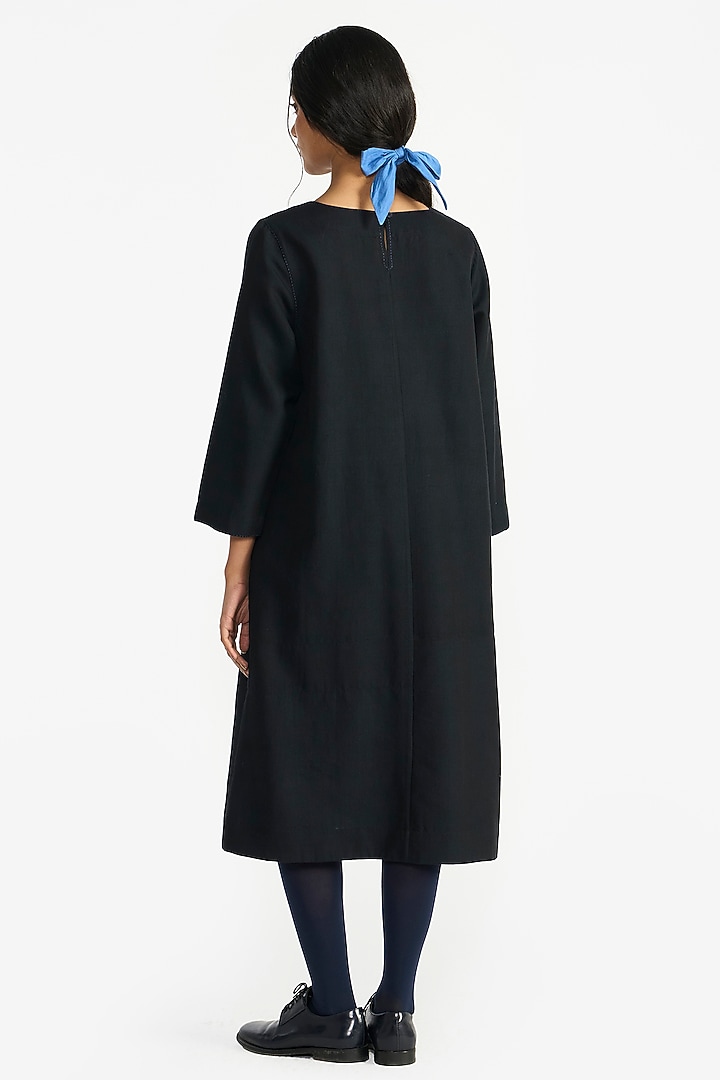 Black Handloom Wool Applique Embroidered Midi Vacation Dress by Payal Pratap at Pernia's Pop Up Shop