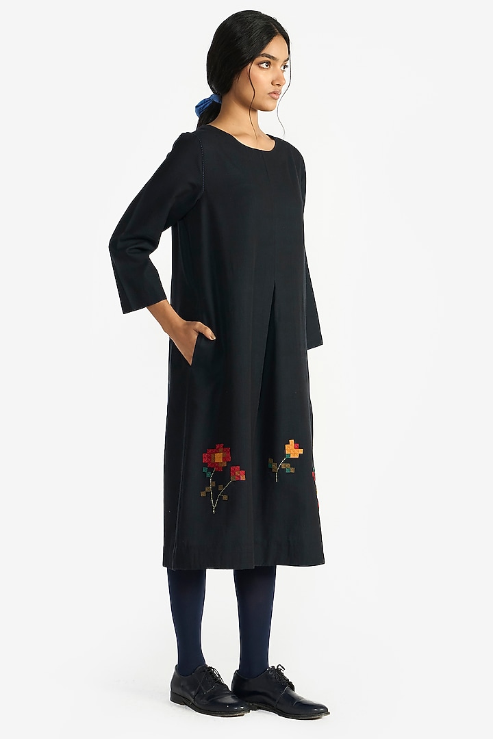 Black Handloom Wool Applique Embroidered Midi Vacation Dress by Payal Pratap at Pernia's Pop Up Shop