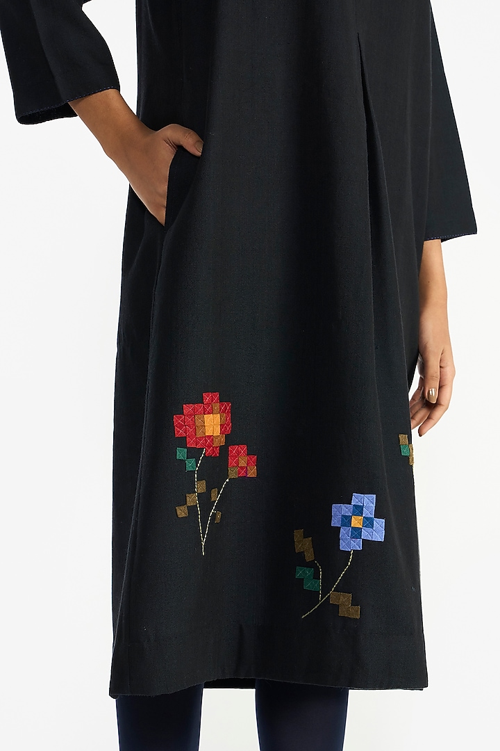 Black Handloom Wool Applique Embroidered Midi Vacation Dress by Payal Pratap at Pernia's Pop Up Shop