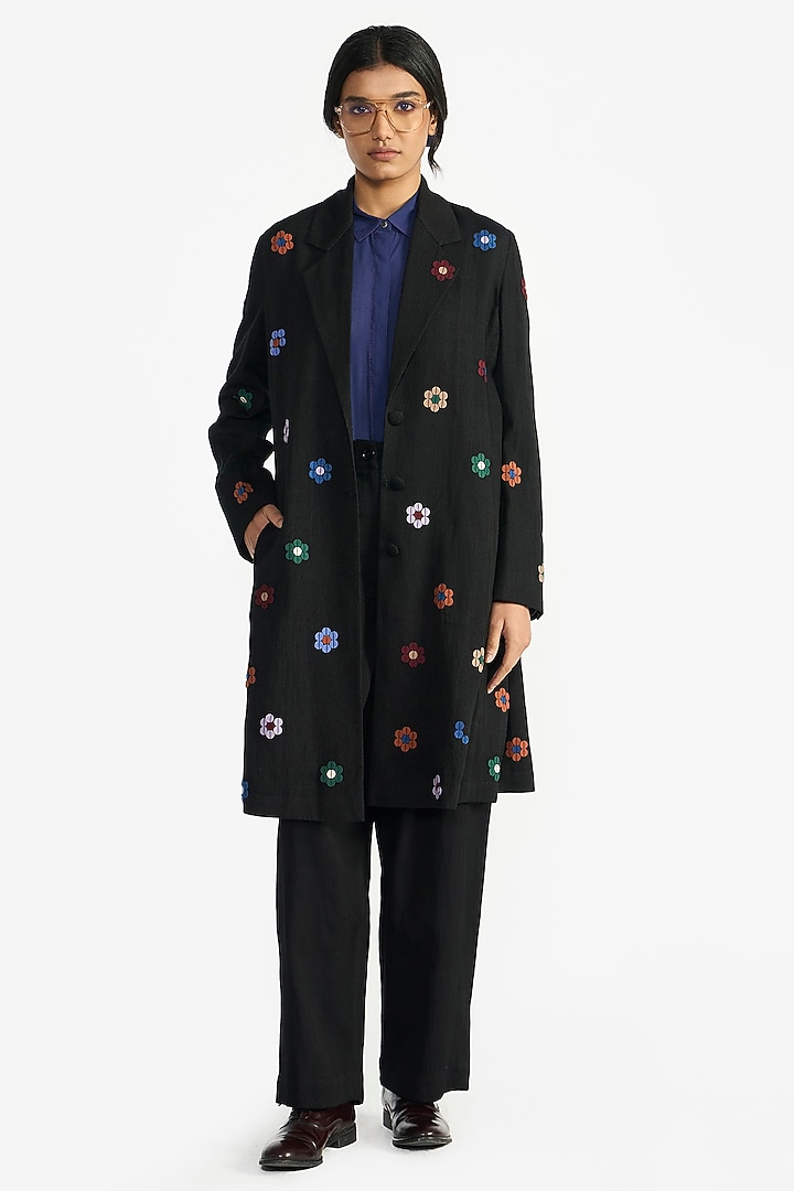 Black Handloom Linen Applique Embroidered A-Line Jacket by Payal Pratap at Pernia's Pop Up Shop