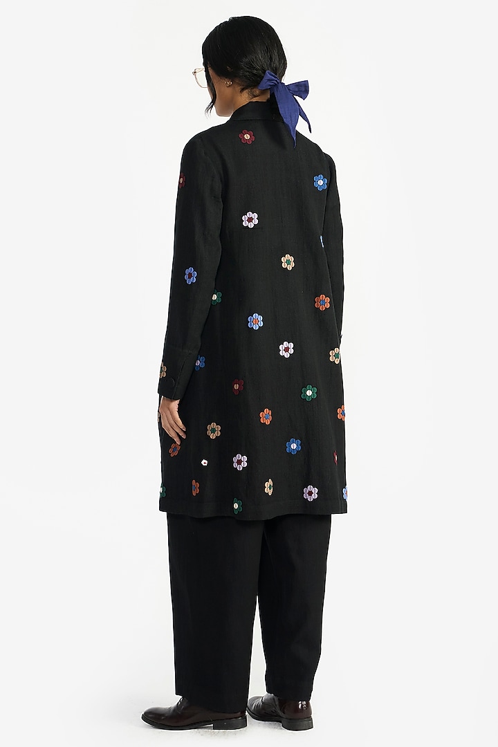 Black Handloom Linen Applique Embroidered A-Line Jacket by Payal Pratap at Pernia's Pop Up Shop