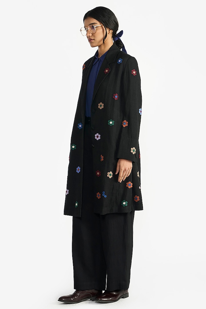 Black Handloom Linen Applique Embroidered A-Line Jacket by Payal Pratap at Pernia's Pop Up Shop
