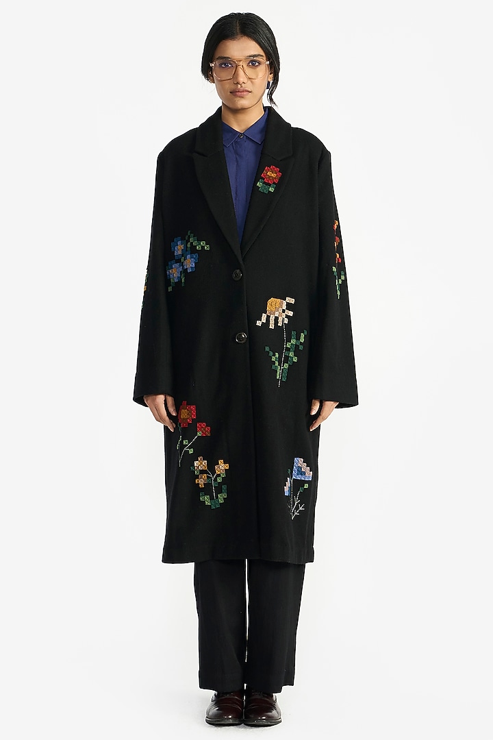 Black Felt Wool Applique Embroidered Jacket by Payal Pratap at Pernia's Pop Up Shop