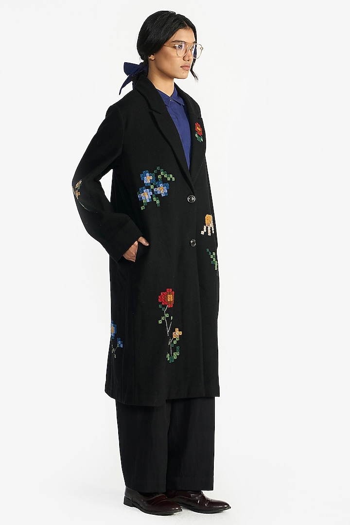 Black Felt Wool Applique Embroidered Jacket by Payal Pratap at Pernia's Pop Up Shop
