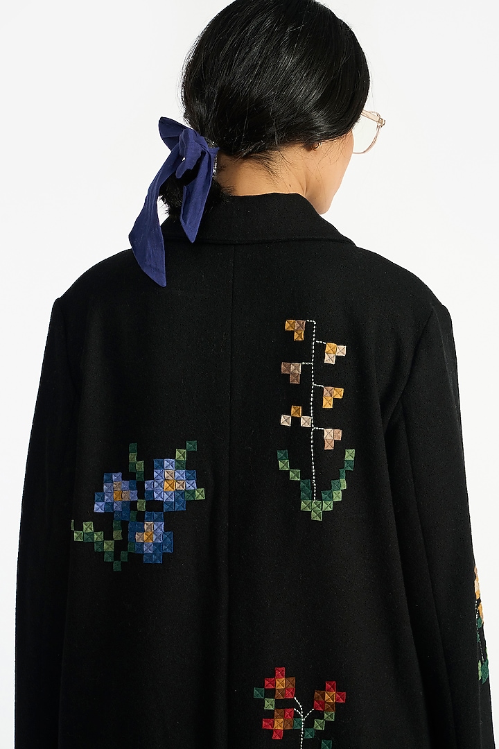 Black Felt Wool Applique Embroidered Jacket by Payal Pratap at Pernia's Pop Up Shop