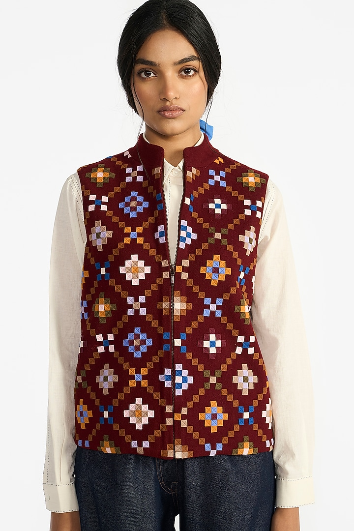Wine Felt Wool Applique Embroidered Gilet by Payal Pratap at Pernia's Pop Up Shop