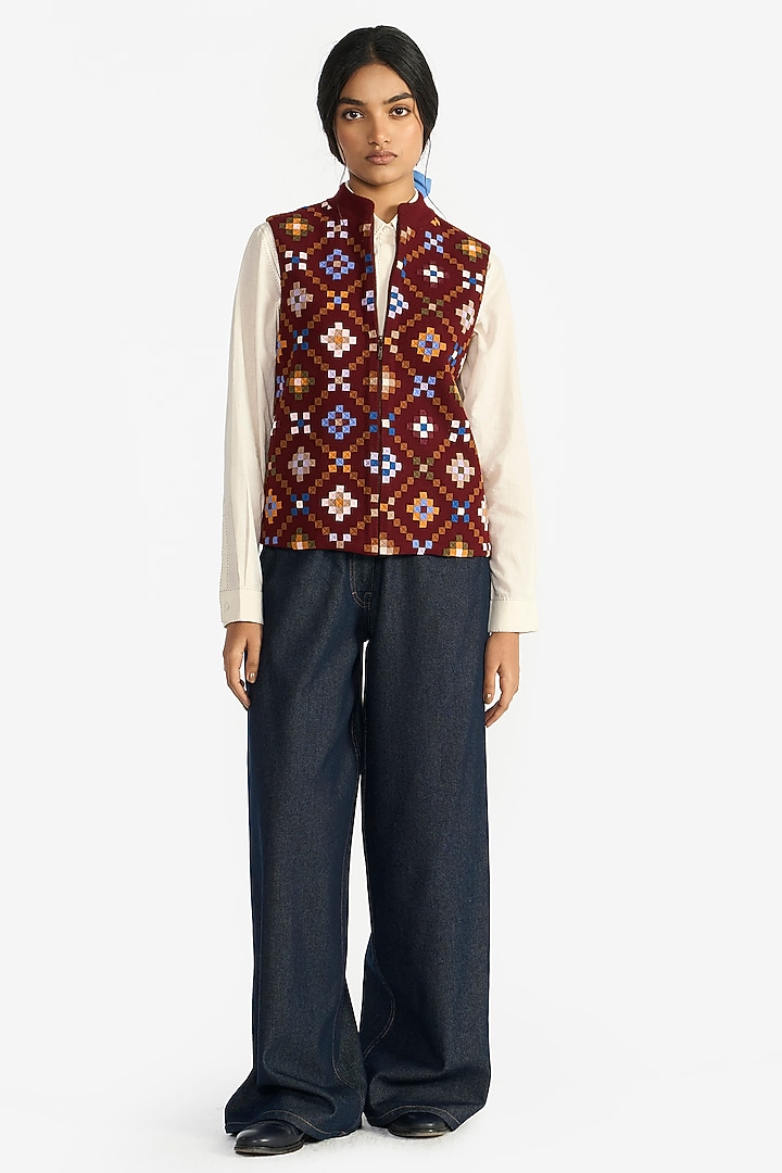 Wine Felt Wool Applique Embroidered Gilet by Payal Pratap at Pernia's Pop Up Shop