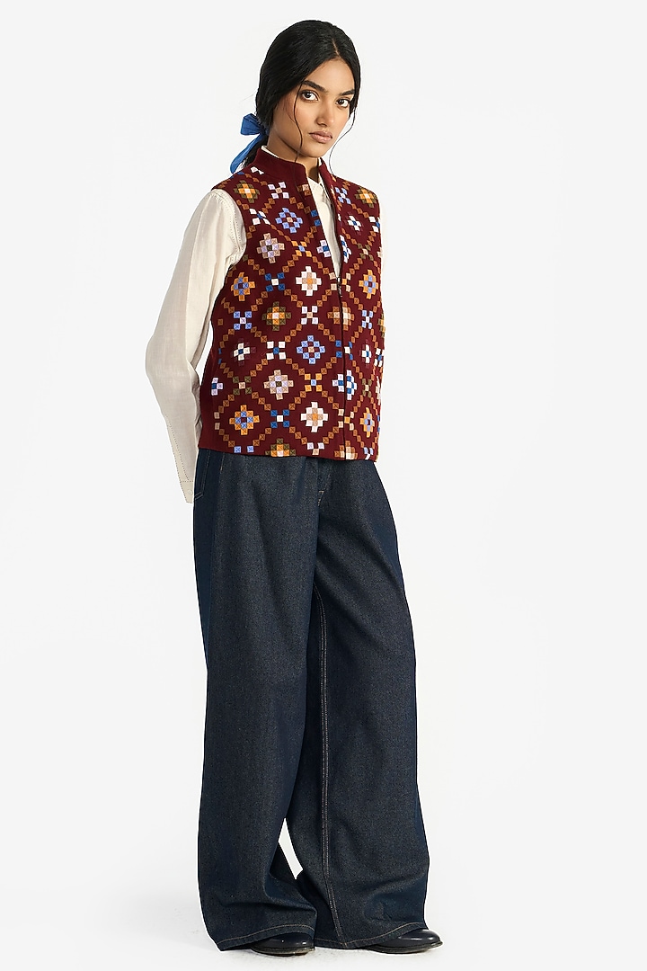 Wine Felt Wool Applique Embroidered Gilet by Payal Pratap at Pernia's Pop Up Shop