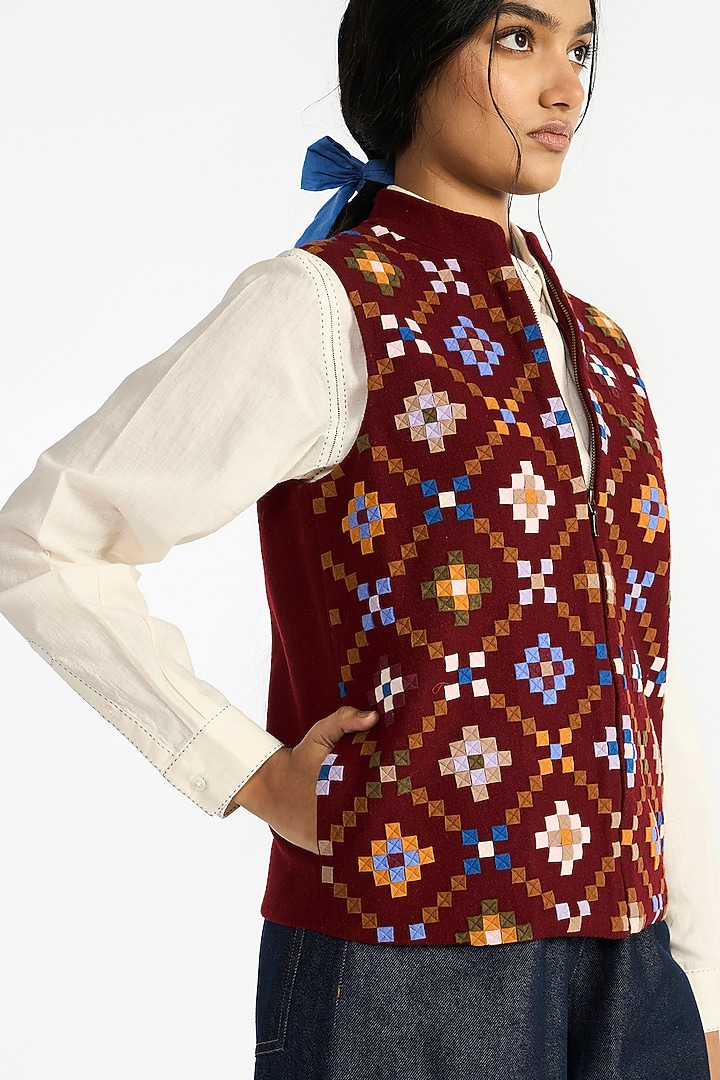 Wine Felt Wool Applique Embroidered Gilet by Payal Pratap at Pernia's Pop Up Shop