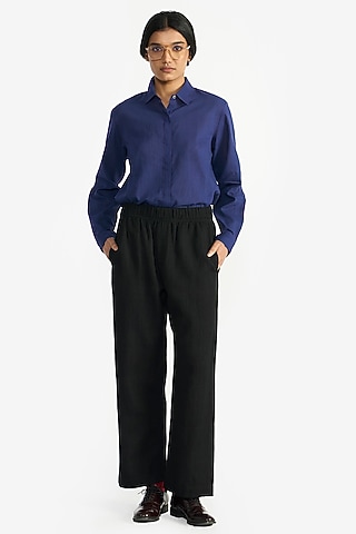Black Handloom Linen Elasticated Pants by Payal Pratap