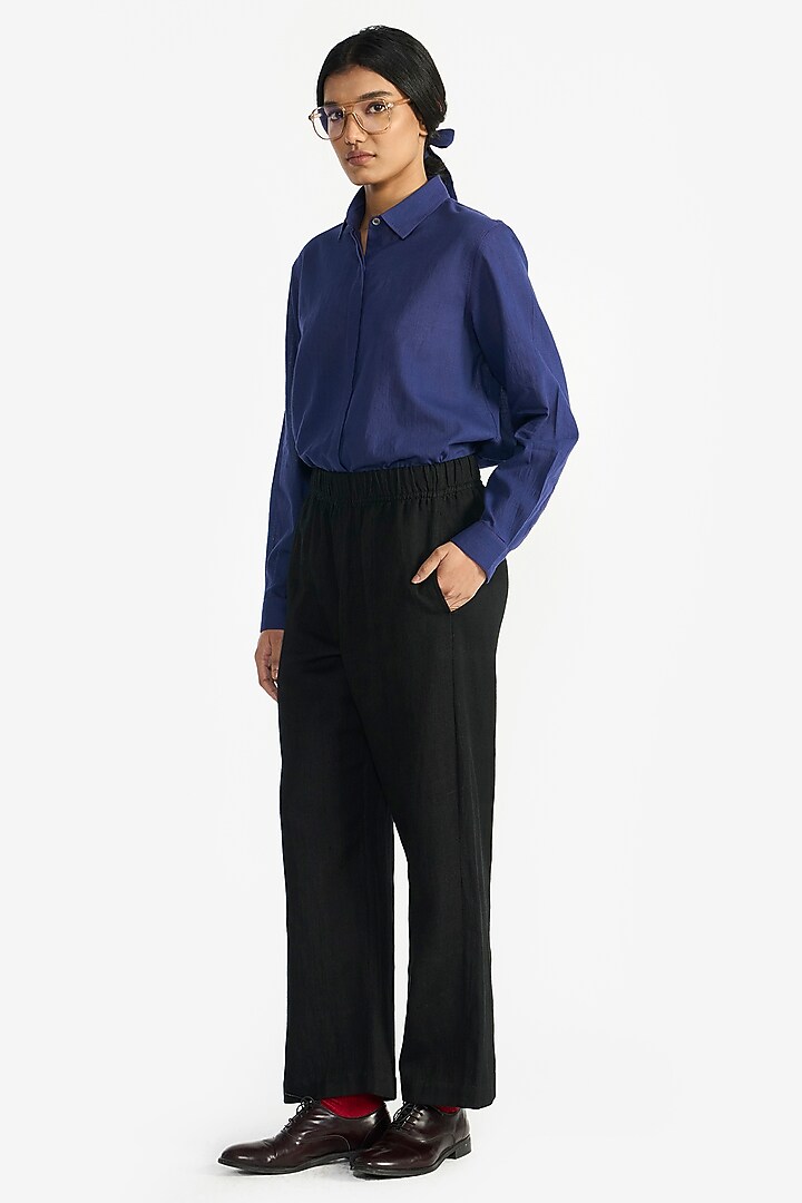 Black Handloom Linen Elasticated Pants by Payal Pratap at Pernia's Pop Up Shop