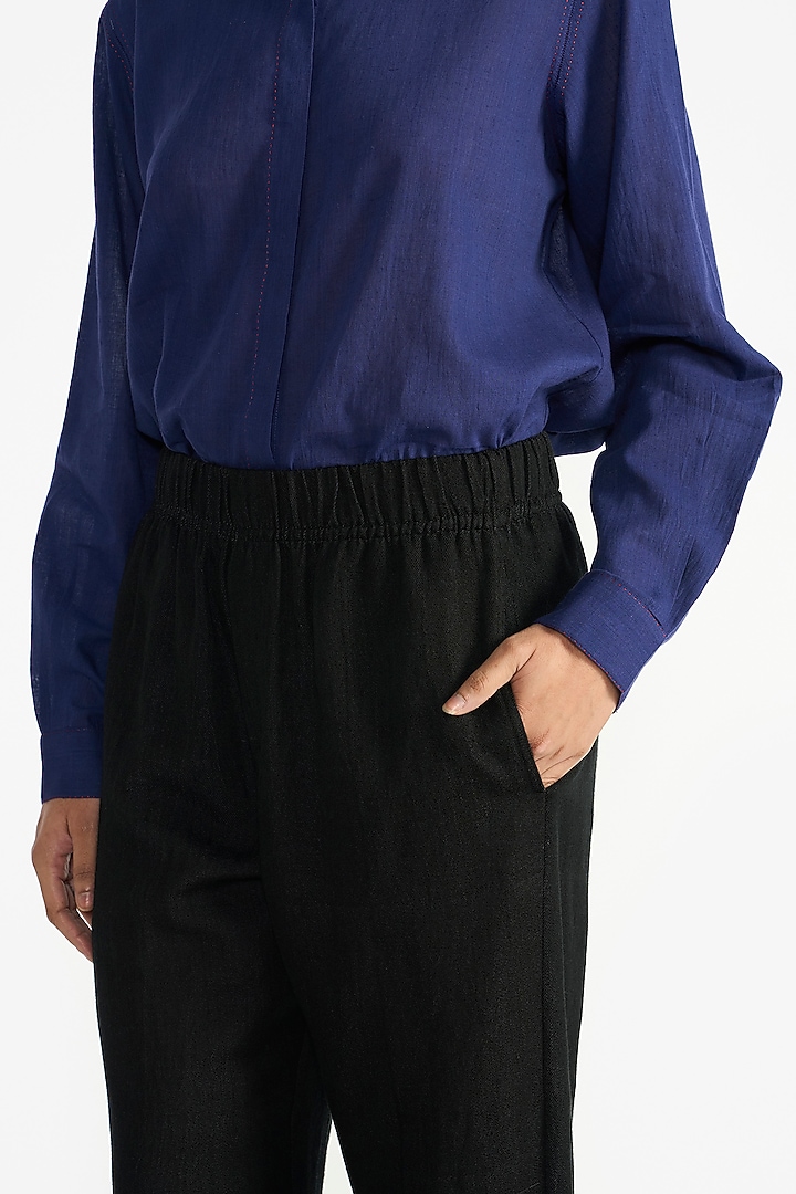 Black Handloom Linen Elasticated Pants by Payal Pratap at Pernia's Pop Up Shop