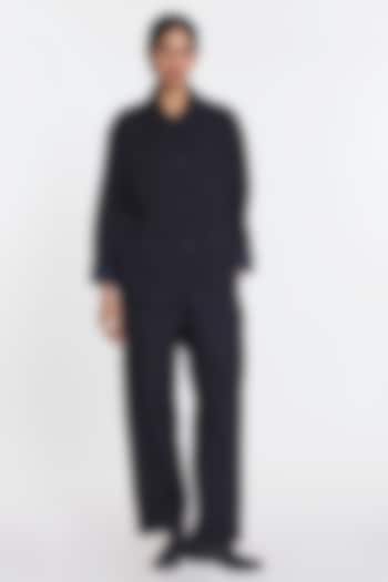 Navy Blue Handloom Linen Jacket by Payal Pratap at Pernia's Pop Up Shop